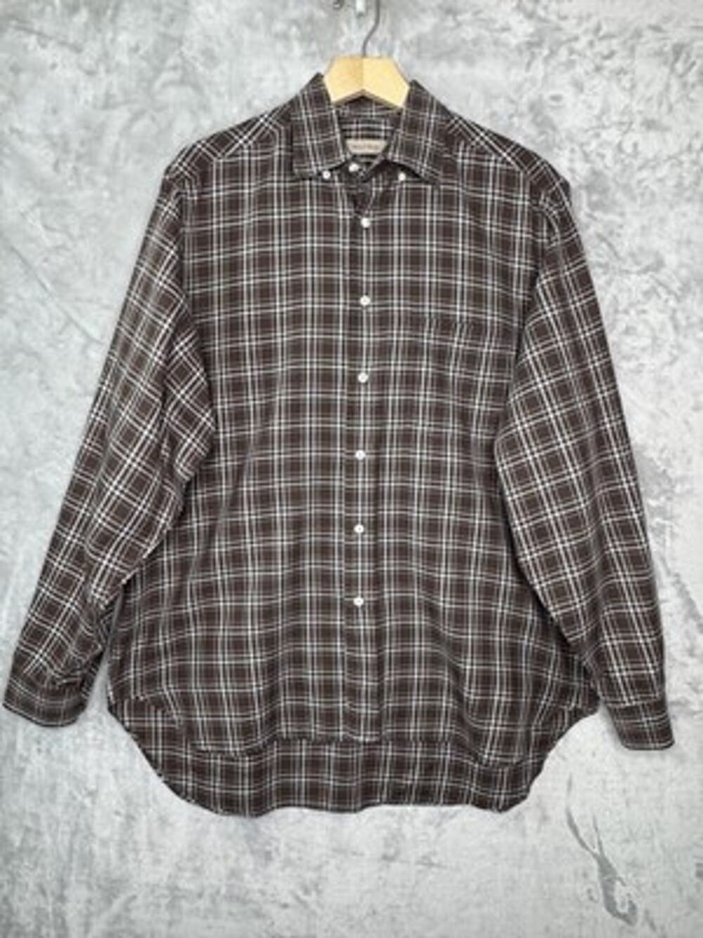 Billy Reid Shirt Mens Large Brown Plaid Long Sleeve Button Down Made In Italy